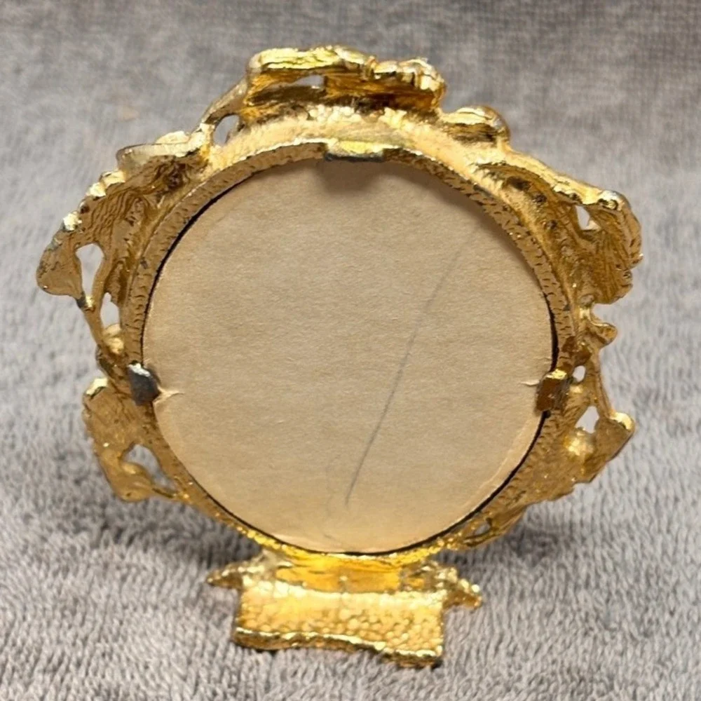 Vintage Gold Tone Floral Oval Mini Picture Frame Madonna Child Victorian Style